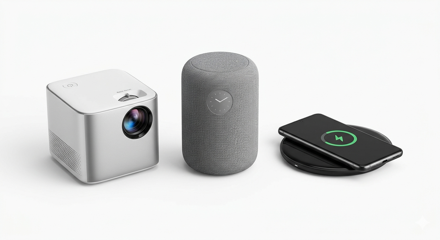 A projector, speaker and wireless charger side by side